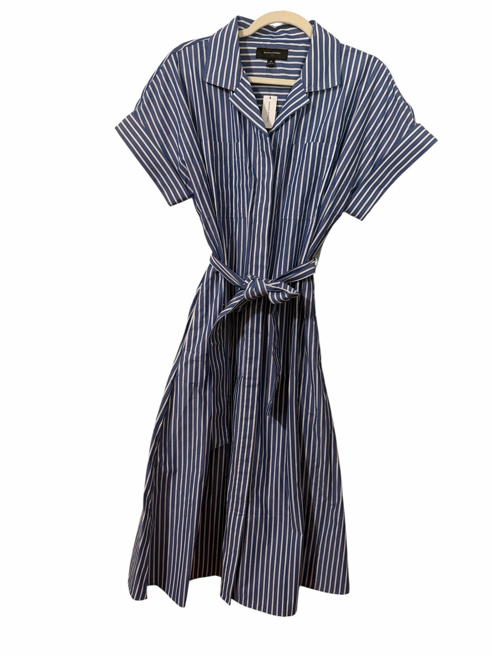 NWT Banana Republic Navy & White Striped Midi Shirt Dress w/Belt & Pockets MED
